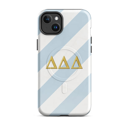 Tri Delt sorority iPhone 14 Plus MagSafe case in classic blue, white, and gold stripes - for sisters, alumnae, and chapter events
