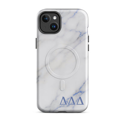 Tri Delt sorority iPhone 14 Plus MagSafe case in elegant white marble with bold blue Delta Delta Delta lettering
