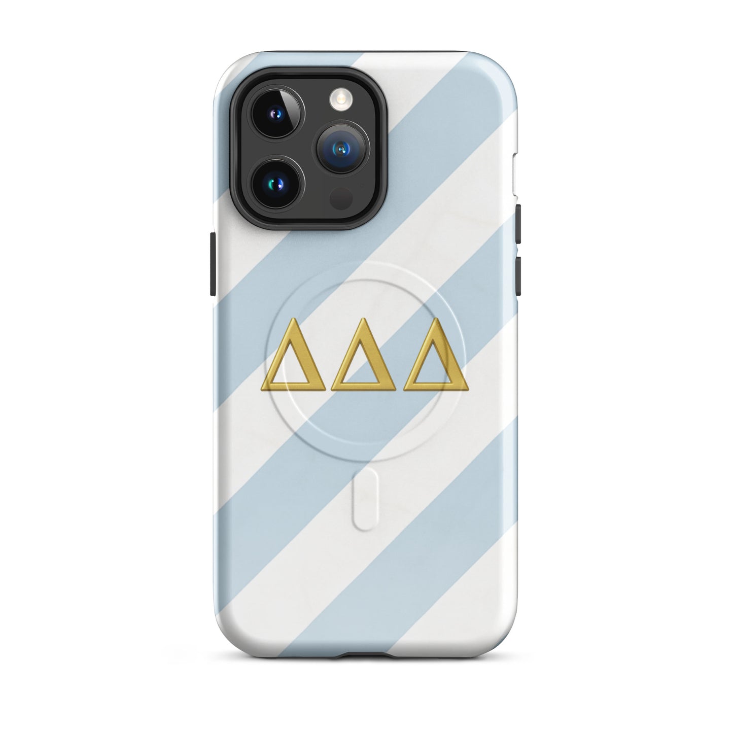 Tri Delta Minimal Stripe iPhone 14 Pro Max MagSafe case with gold ΔΔΔ Greek letters on blue and white striped sorority design