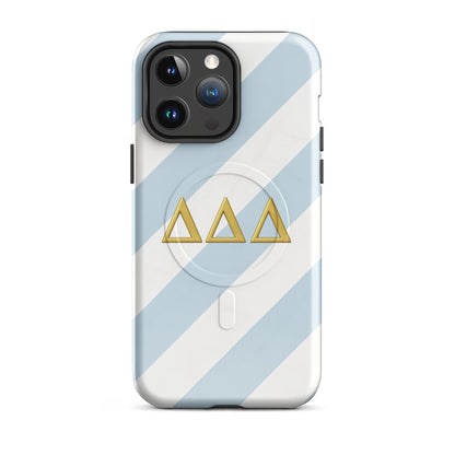 Tri Delta Minimal Stripe iPhone 14 Pro Max MagSafe case with gold ΔΔΔ Greek letters on blue and white striped sorority design