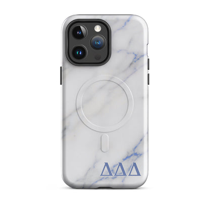 White marble DDD Delta Delta Delta iPhone 14 Pro Max phone case with blue Greek letters and MagSafe charging compatibility