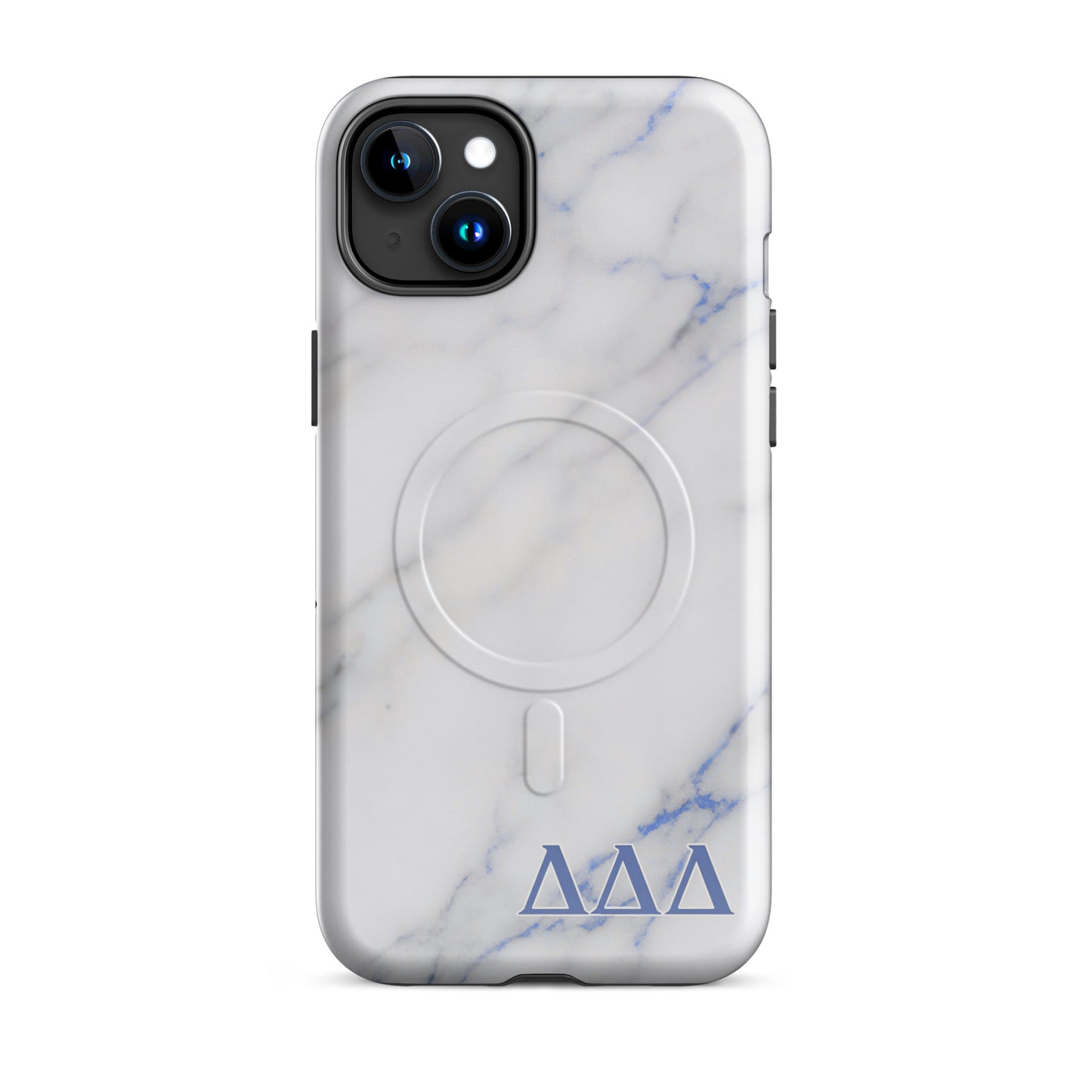 Tri Delt sorority iPhone 15 Plus MagSafe case in elegant white marble with bold blue Delta Delta Delta lettering