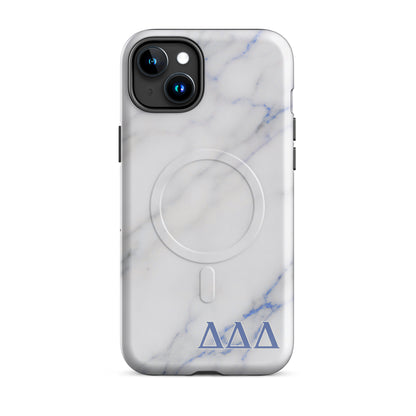 Tri Delt sorority iPhone 15 Plus MagSafe case in elegant white marble with bold blue Delta Delta Delta lettering