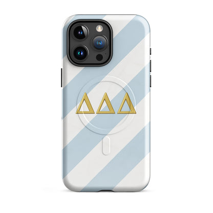 Blue and white striped Tri Delta iPhone 15 Pro Max phone case with gold Delta Delta Delta Greek letters and MagSafe charging compatibility