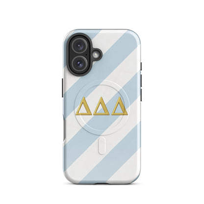 Tri Delt sorority iPhone 16 MagSafe case in classic blue, white, and gold stripes - for sisters, alumnae, and chapter events