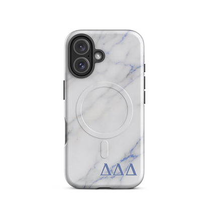 White marble DDD Delta Delta Delta iPhone 16 phone case with blue Greek letters and MagSafe charging compatibility