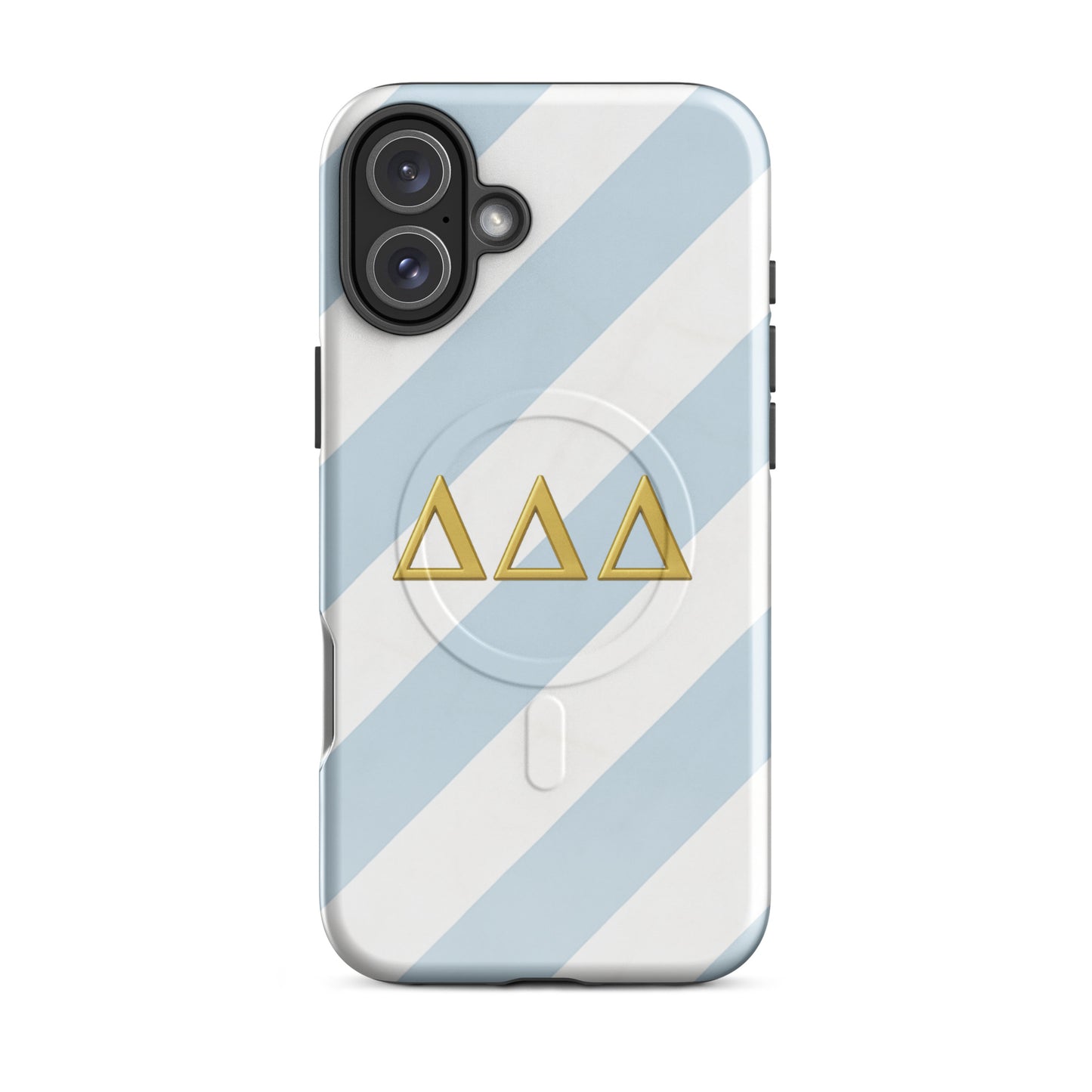 Tri Delta Minimal Stripe iPhone 16 Plus MagSafe case with gold ΔΔΔ Greek letters on blue and white striped sorority design