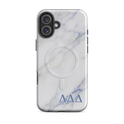 Tri Delt sorority iPhone 16 Plus MagSafe case in elegant white marble with bold blue Delta Delta Delta lettering
