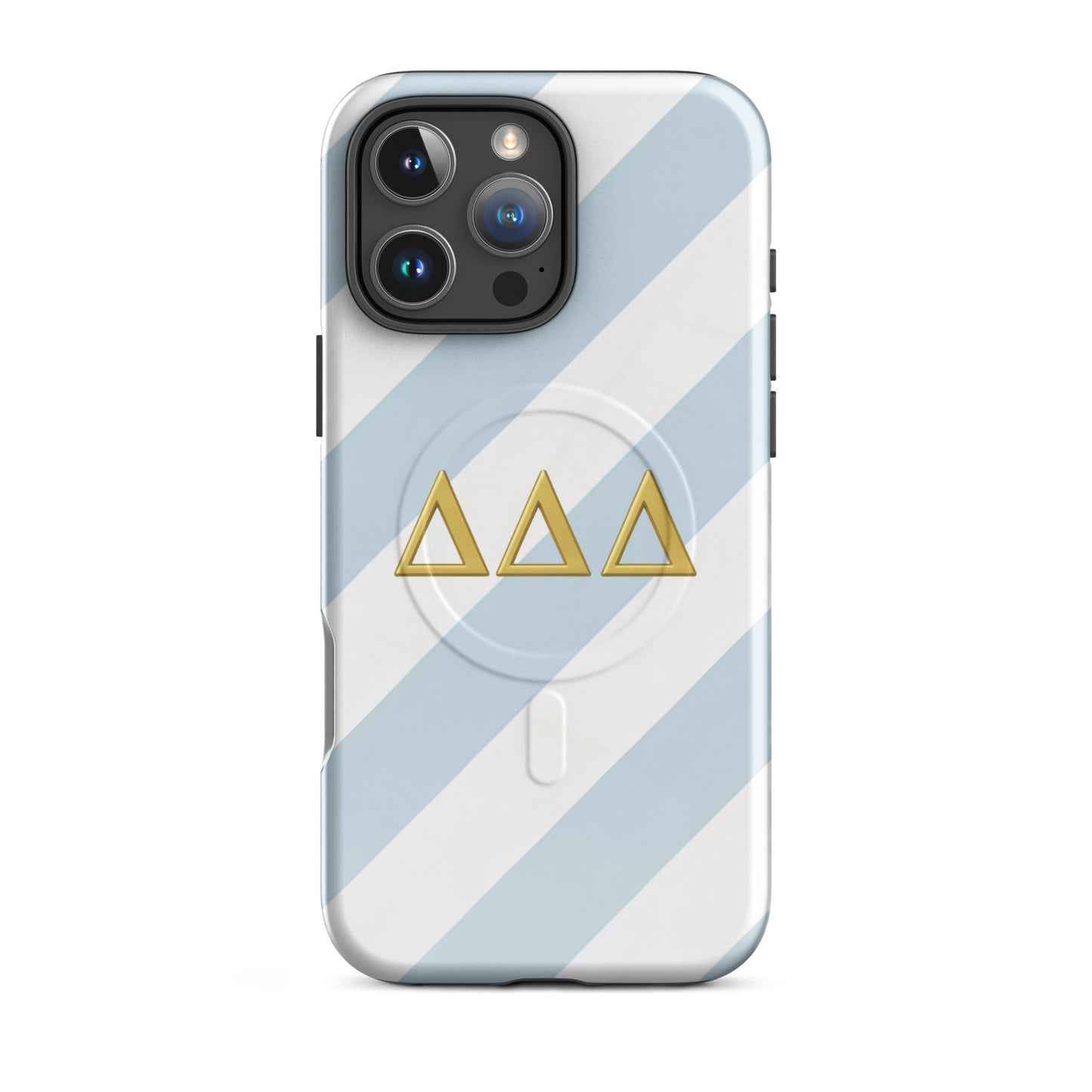 Blue and white striped Tri Delta iPhone 16 Pro Max phone case with gold Delta Delta Delta Greek letters and MagSafe charging compatibility