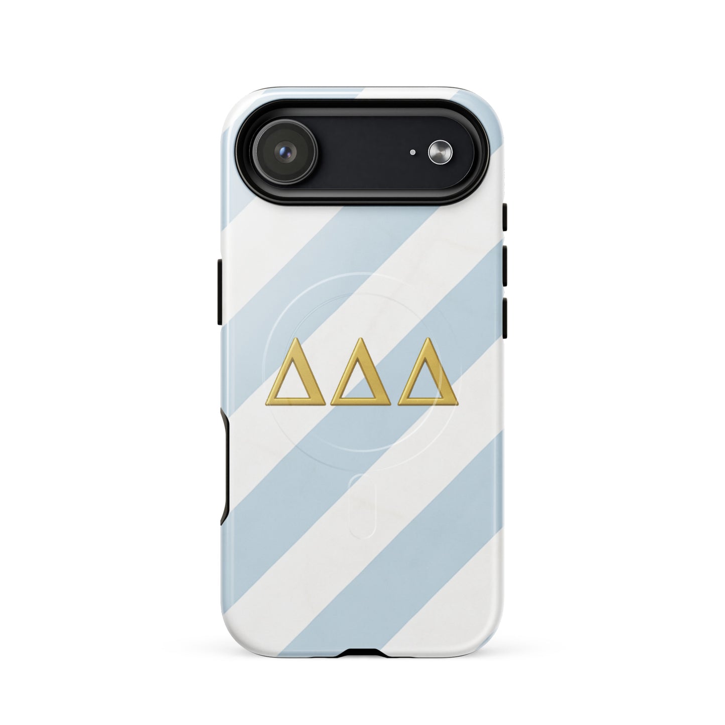 Blue and white striped Tri Delta iPhone 17 Air phone case with gold Delta Delta Delta Greek letters and MagSafe charging compatibility