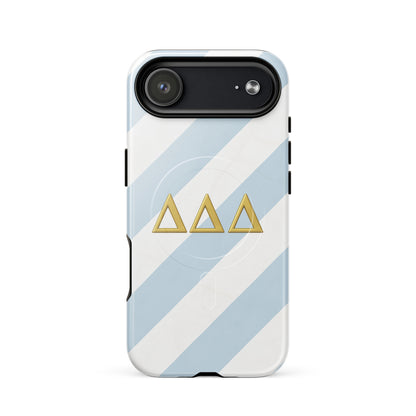 Blue and white striped Tri Delta iPhone 17 Air phone case with gold Delta Delta Delta Greek letters and MagSafe charging compatibility