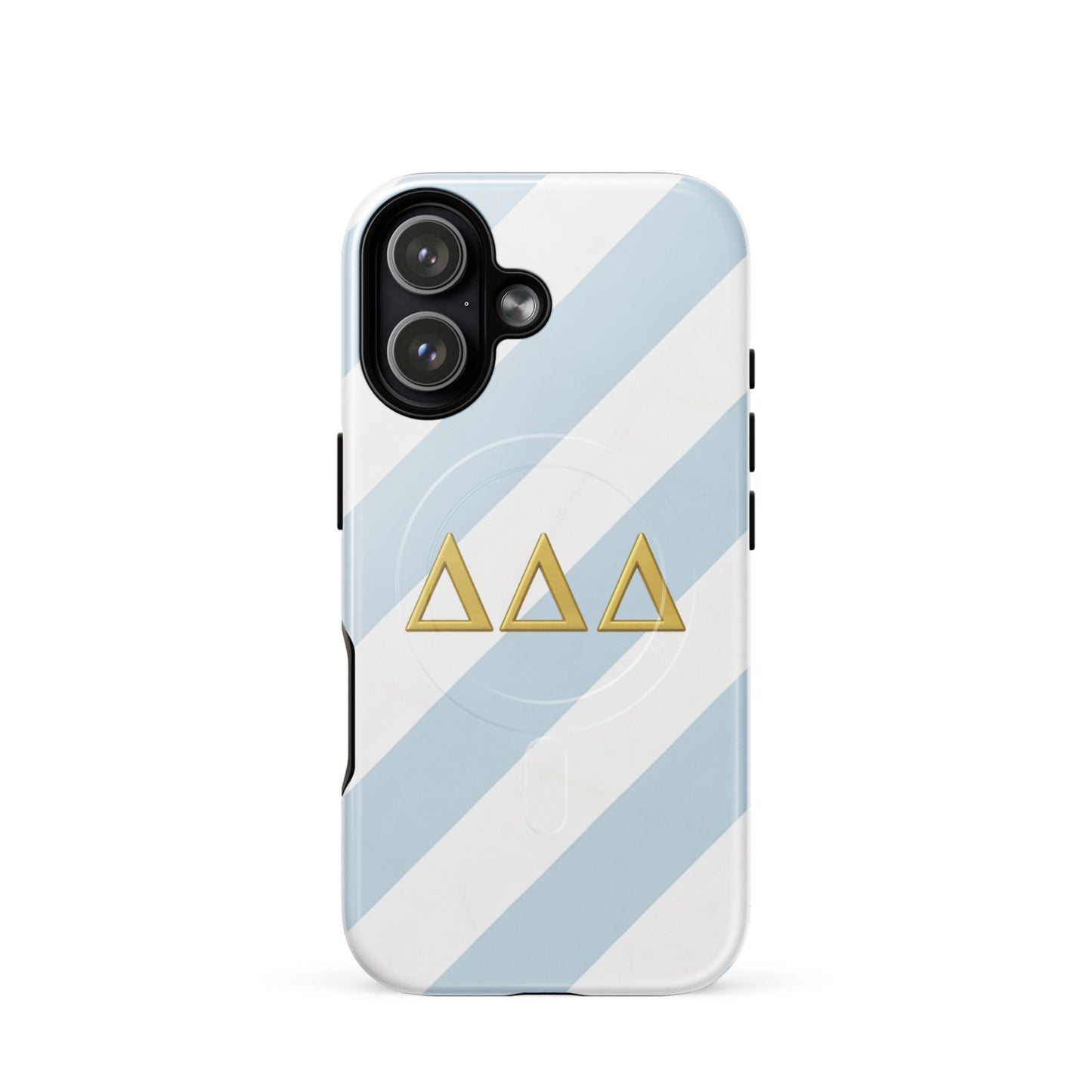 Blue and white striped Tri Delta iPhone 17 phone case with gold Delta Delta Delta Greek letters and MagSafe charging compatibility