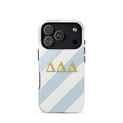 Tri Delta Minimal Stripe iPhone 17 Pro MagSafe case with gold ΔΔΔ Greek letters on blue and white striped sorority design