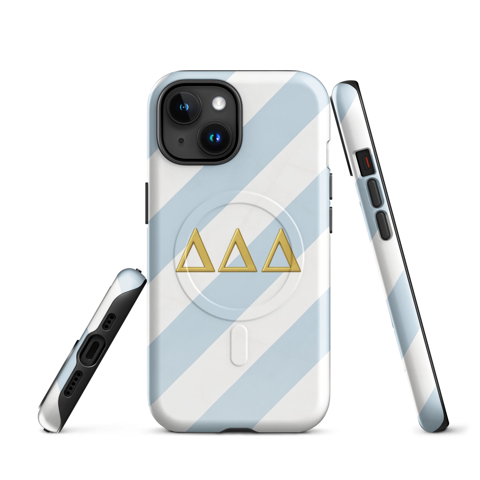 Multiple angles of Tri Delta Minimal Stripe Delta Delta Delta sorority iPhone case showing slim MagSafe build