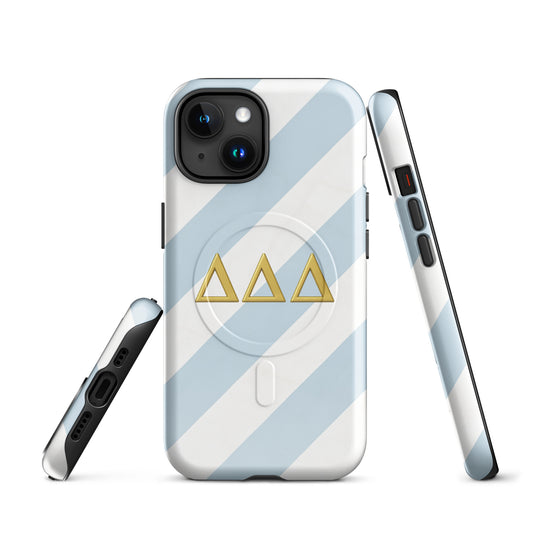 Multiple angles of Tri Delta Minimal Stripe Delta Delta Delta sorority iPhone case showing slim MagSafe build
