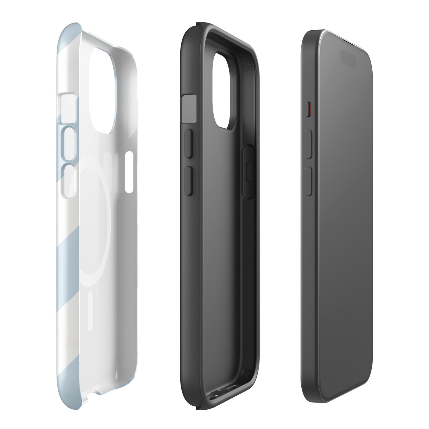 Inside view of Tri Delt Minimal Stripe iPhone case showing dual-layer shockproof TPU liner and MagSafe magnets