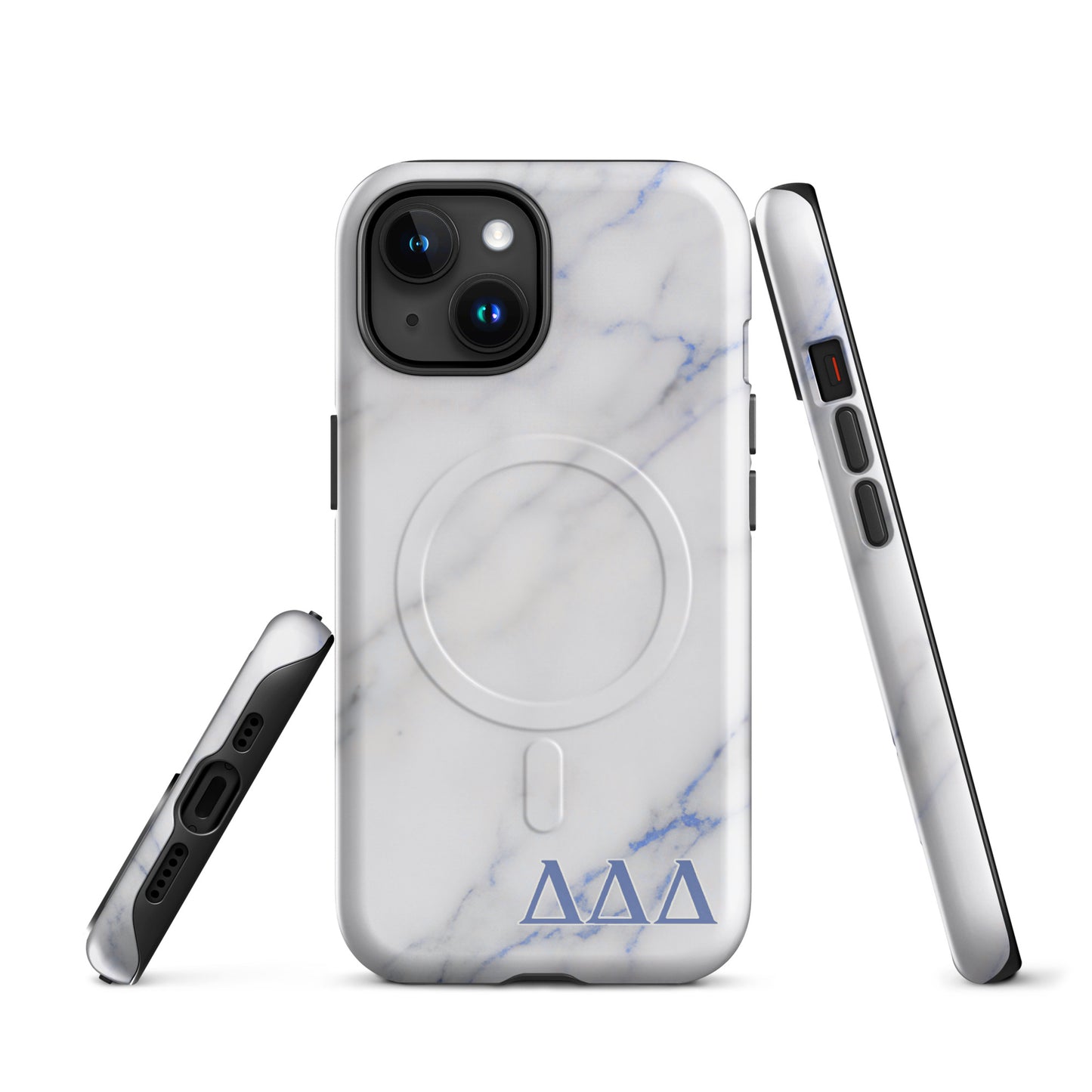 Multiple angles of Tri Delta sorority Marble case showing slim MagSafe build