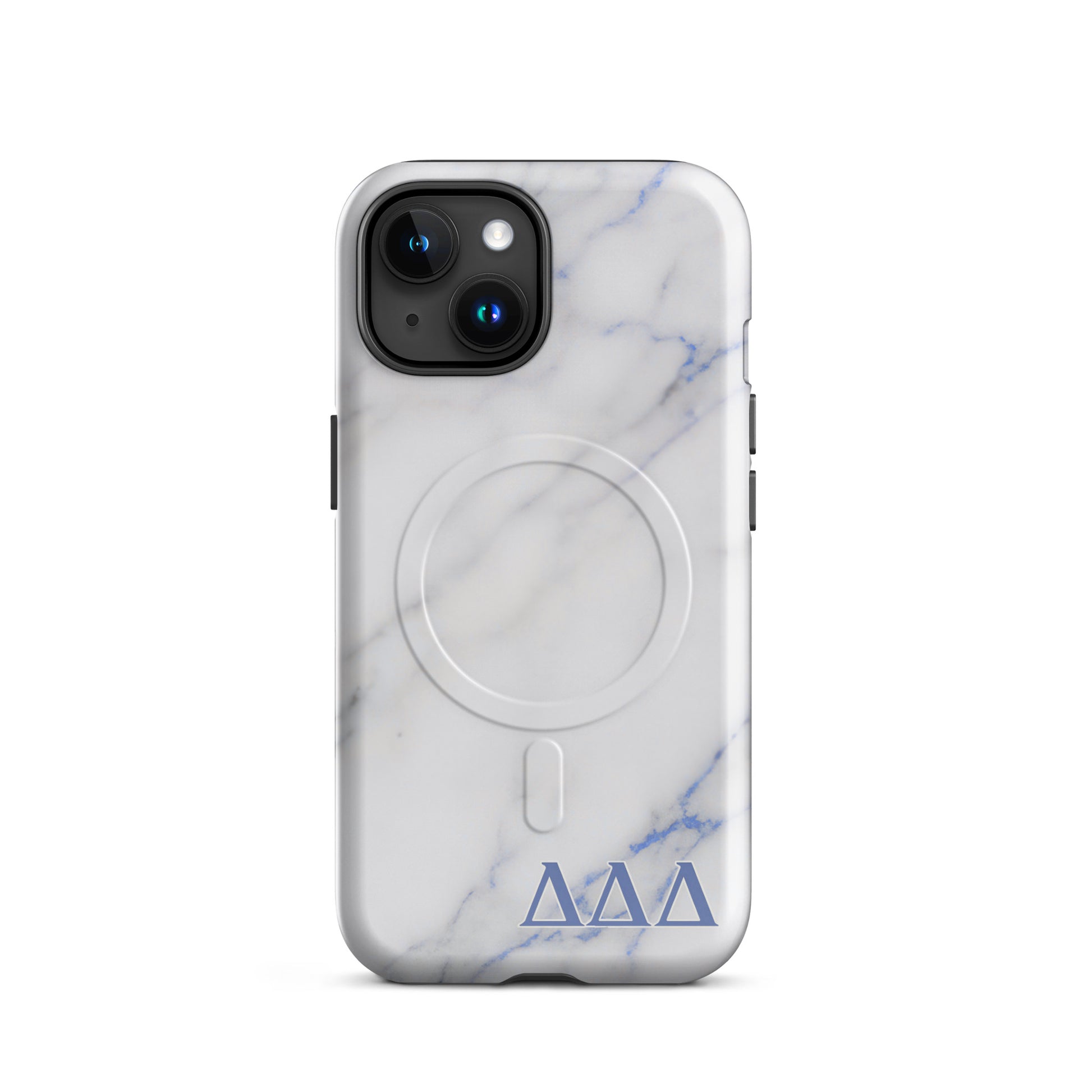 Delta Delta Delta Marble iPhone MagSafe case with blue Tri Delt letters on white marble design