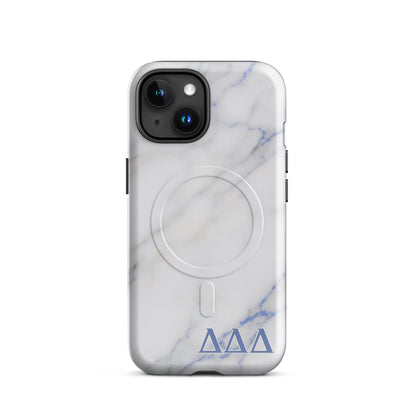 Delta Delta Delta Marble iPhone MagSafe case with blue Tri Delt letters on white marble design