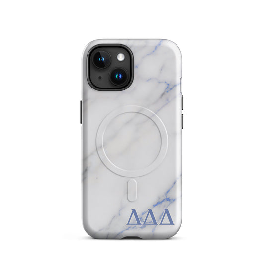 Delta Delta Delta Marble iPhone MagSafe case with blue Tri Delt letters on white marble design