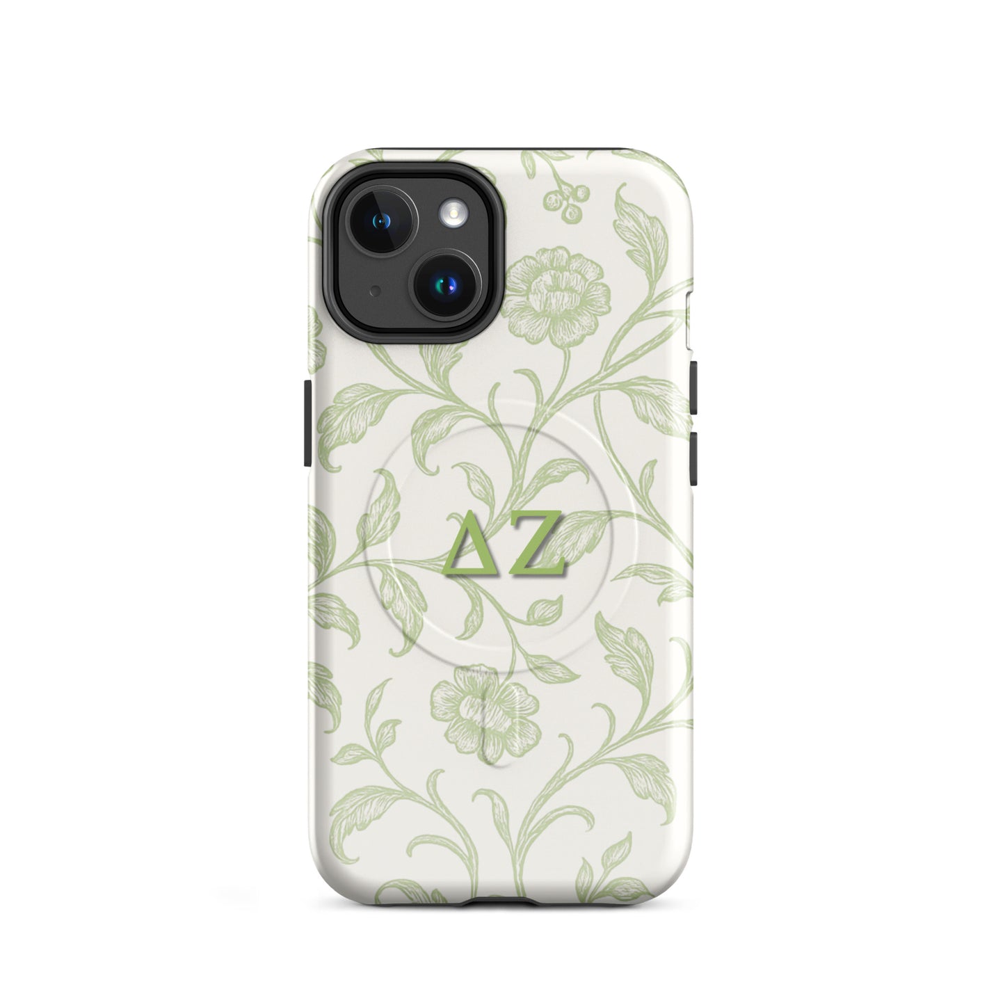 Delta Zeta iPhone 14 case with soft green floral pattern and ΔΖ Greek letters