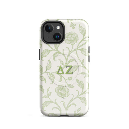 Delta Zeta iPhone 14 case with soft green floral pattern and ΔΖ Greek letters