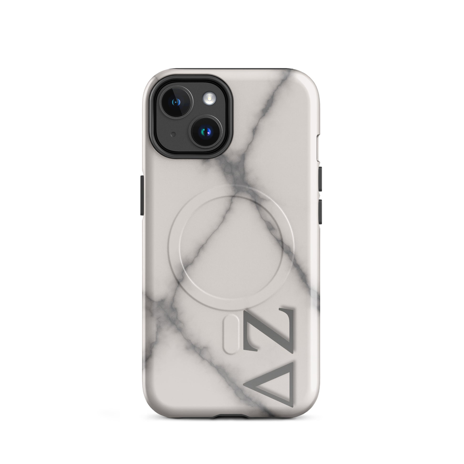 Delta Zeta iPhone 14 MagSafe case white gray marble with ΔΖ letters glossy or matte