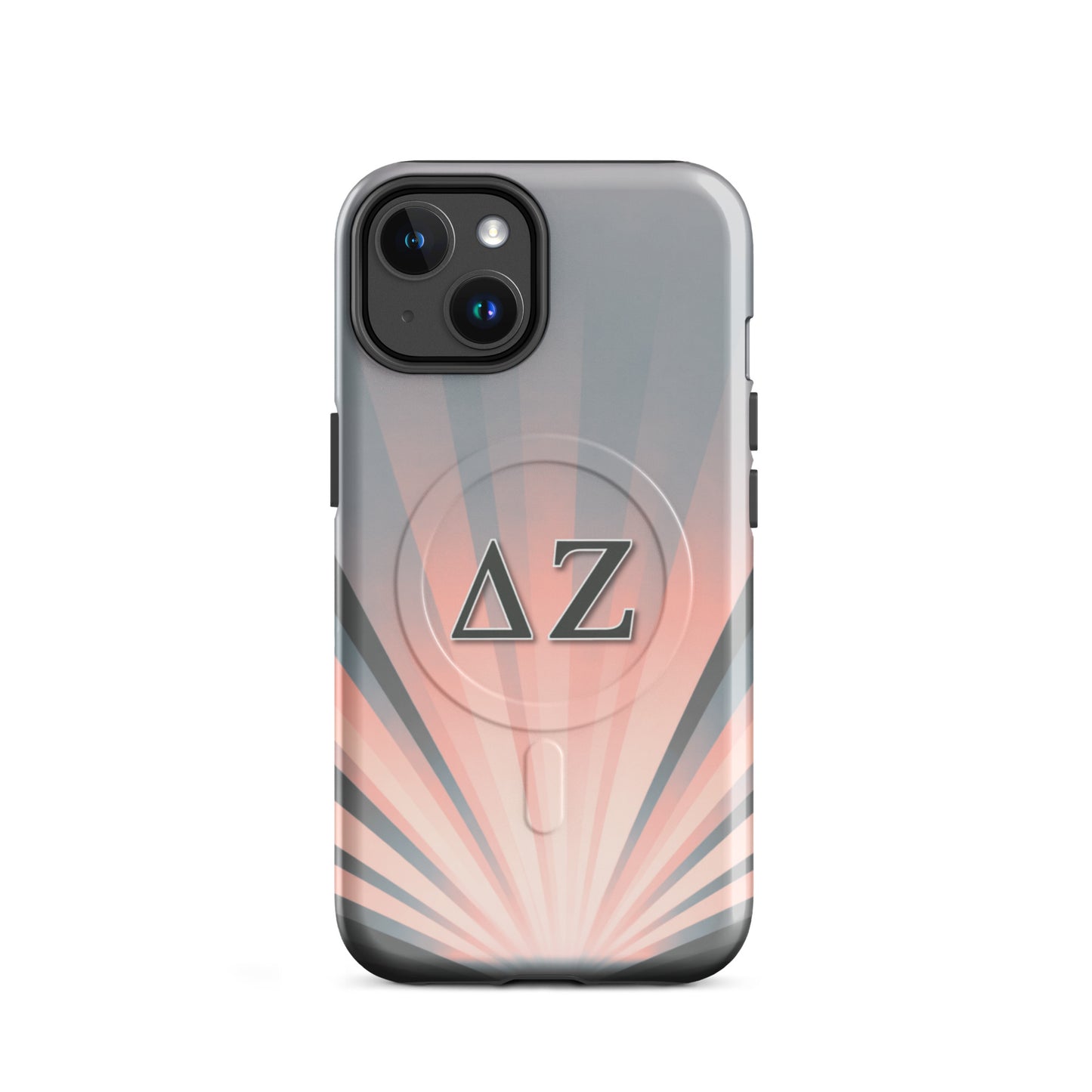 Delta Zeta iPhone MagSafe case pink and gray sunburst with ΔΖ Greek letters glossy or matte finish