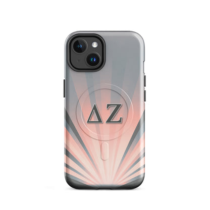 Delta Zeta iPhone MagSafe case pink and gray sunburst with ΔΖ Greek letters glossy or matte finish