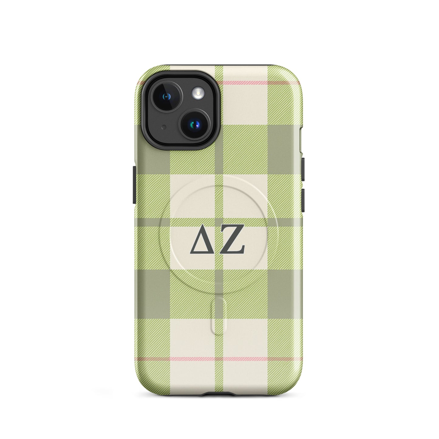 Delta Zeta green plaid iPhone 14 MagSafe case with ΔΖ letters glossy or matte