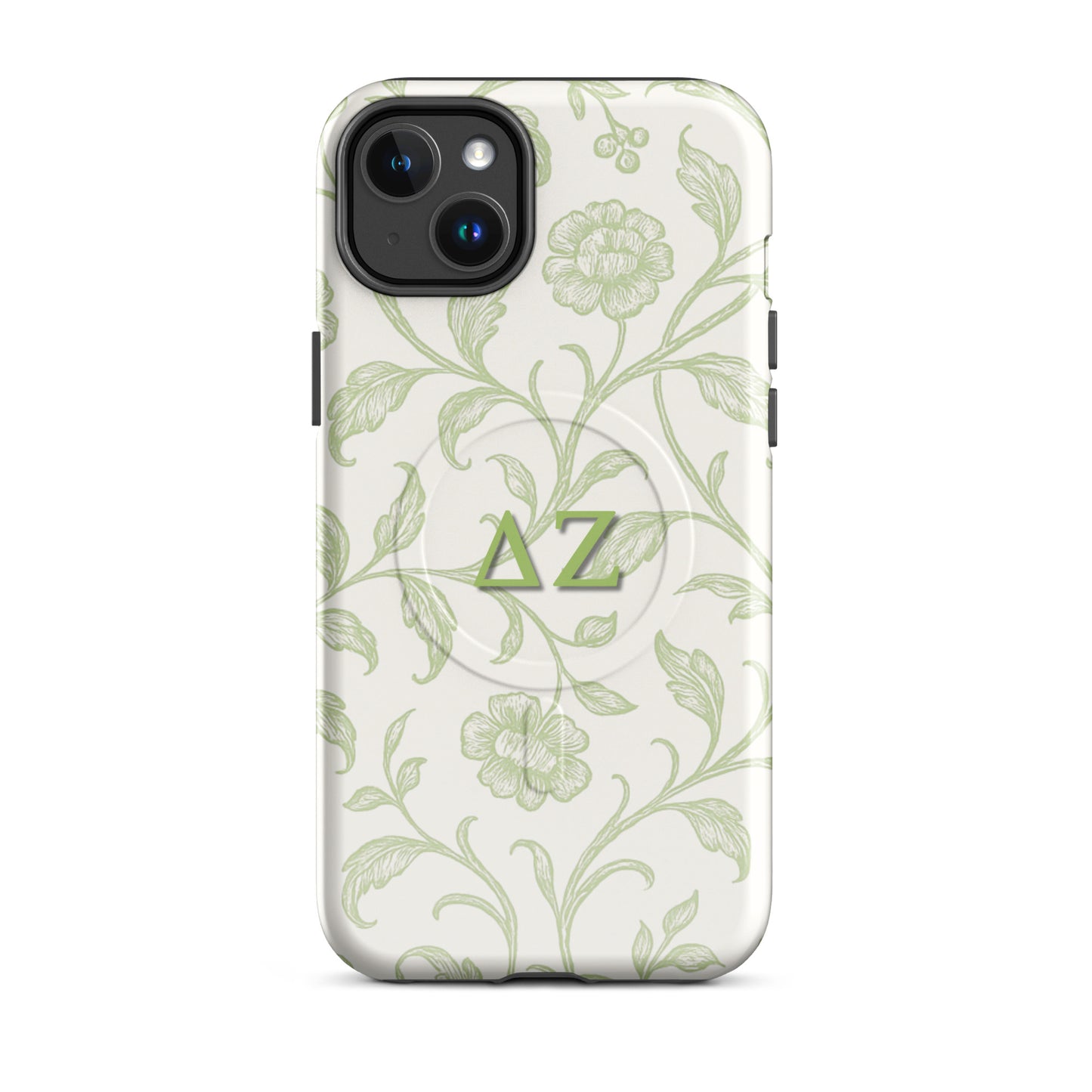 Delta Zeta green floral iPhone 14 Plus MagSafe case with ΔΖ letters glossy or matte