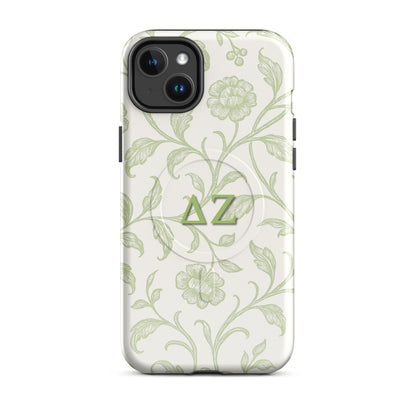 Delta Zeta green floral iPhone 14 Plus MagSafe case with ΔΖ letters glossy or matte