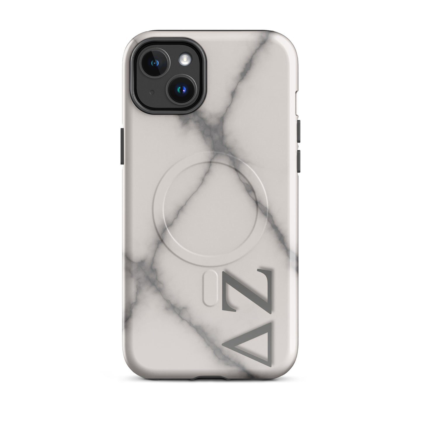 Delta Zeta iPhone 14 Plus MagSafe case white gray marble with ΔΖ letters glossy or matte