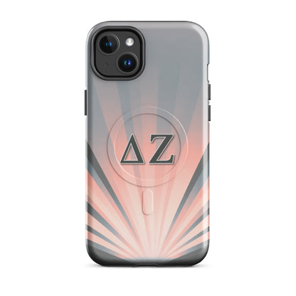 Delta Zeta iPhone 14 Plus MagSafe case pink and gray sunburst with ΔΖ Greek letters glossy or matte finish
