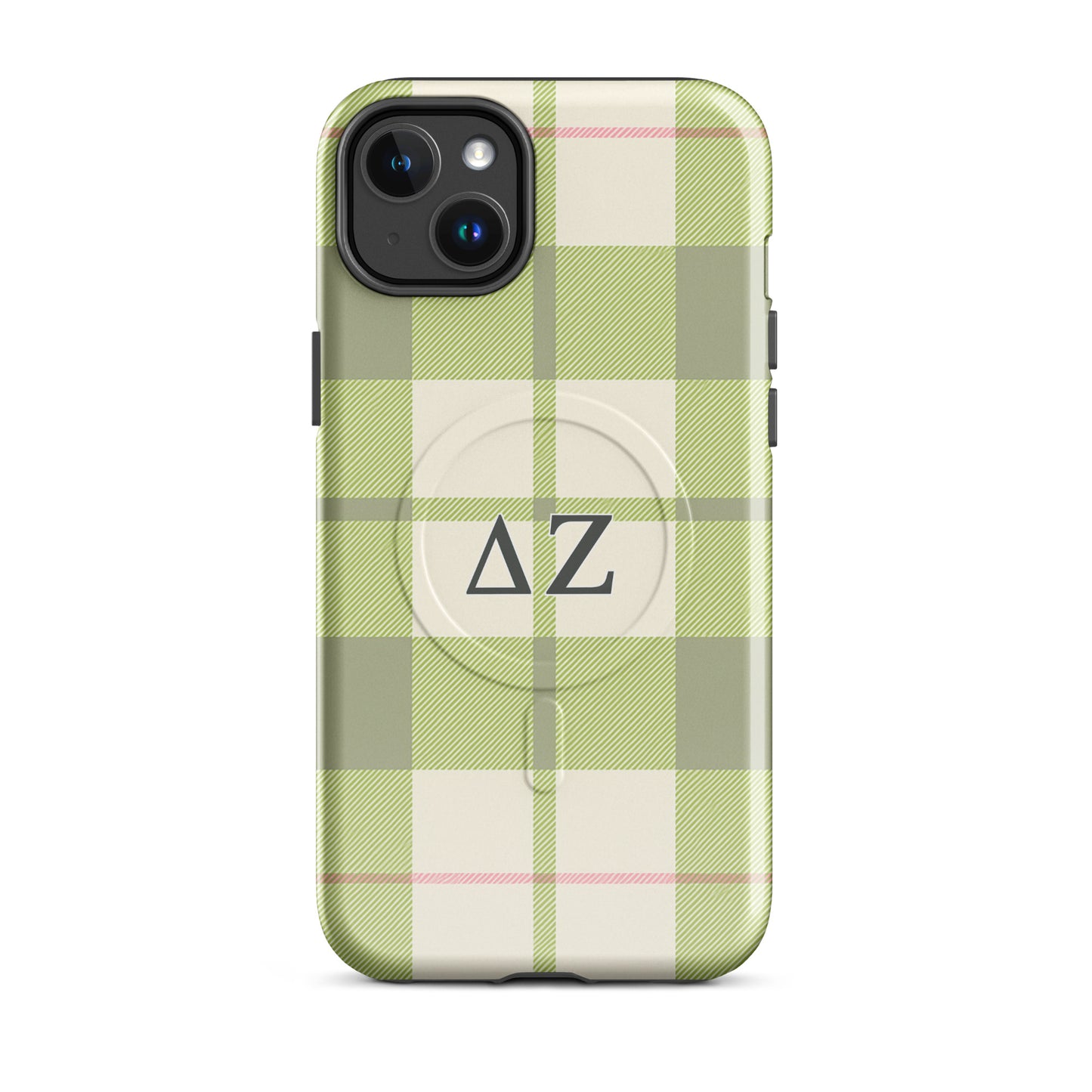 Delta Zeta iPhone 14 Plus case with green plaid pattern and ΔΖ Greek letters