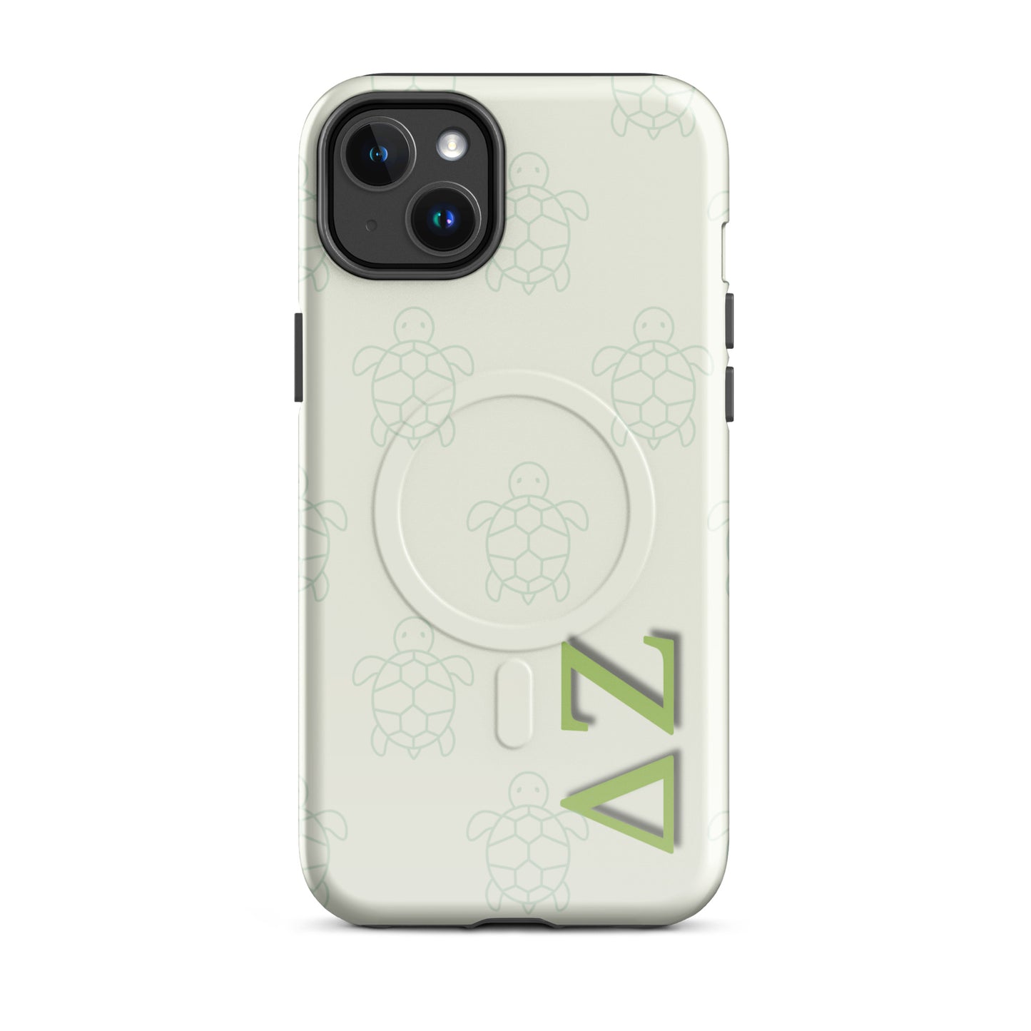 Delta Zeta iPhone 14 Plus case with soft green turtle design and ΔΖ Greek letters