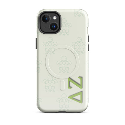 Delta Zeta iPhone 14 Plus case with soft green turtle design and ΔΖ Greek letters