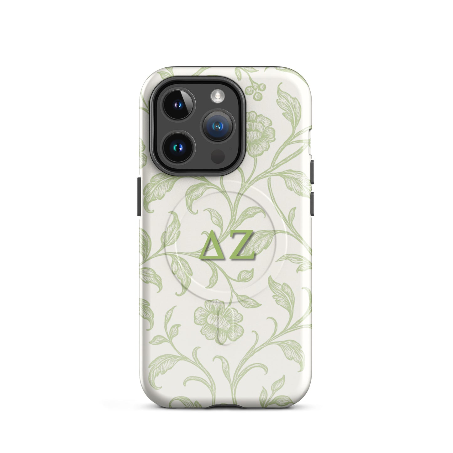Delta Zeta phone case green botanical design MagSafe compatible tough cover glossy or matte shown on iPhone 14 Pro