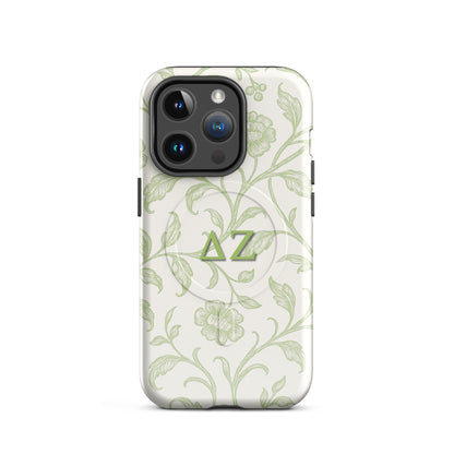 Delta Zeta phone case green botanical design MagSafe compatible tough cover glossy or matte shown on iPhone 14 Pro