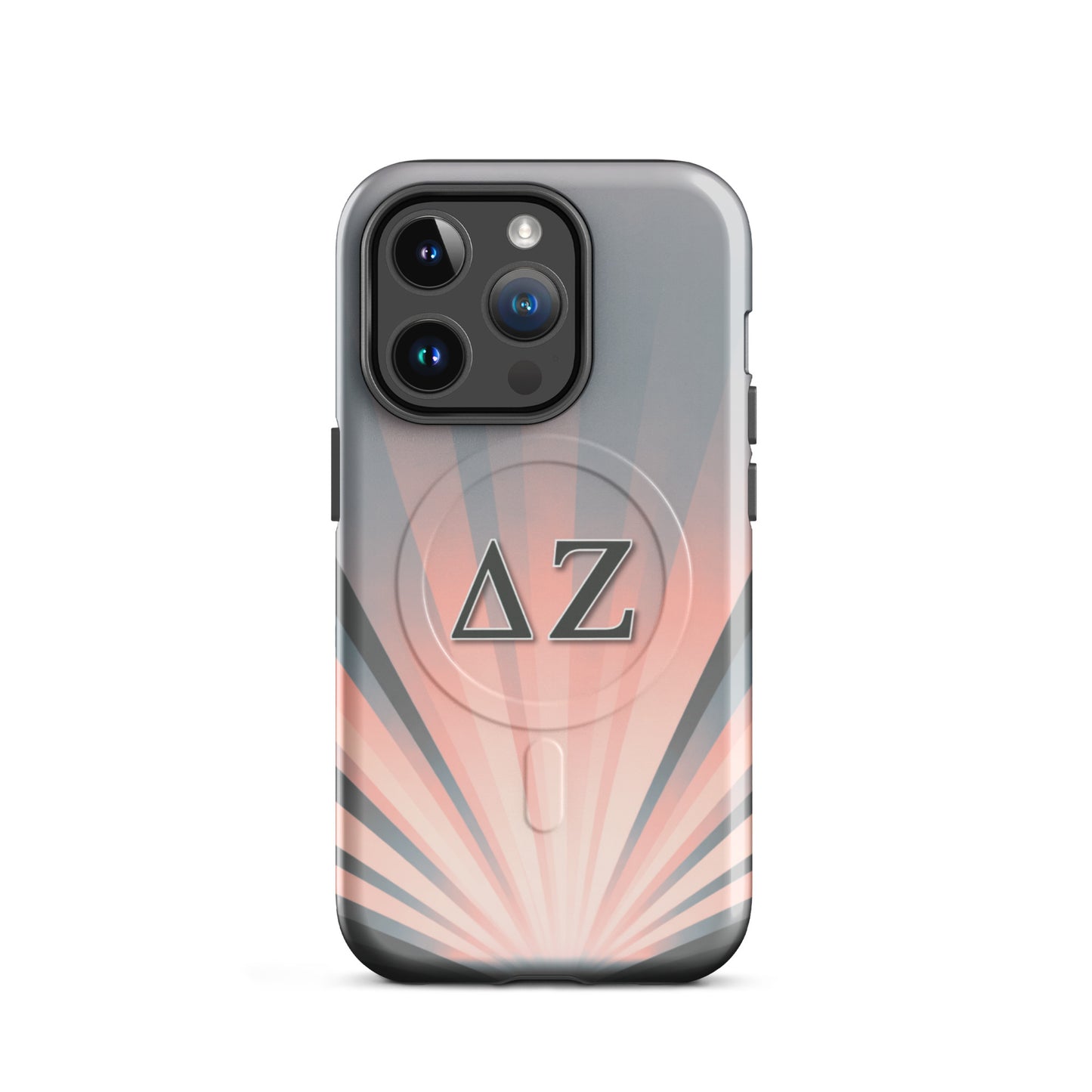 Delta Zeta glossy iPhone 14 Pro case with pink gray sunburst design and ΔΖ Greek letters MagSafe compatible
