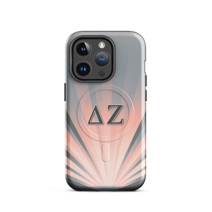 Delta Zeta glossy iPhone 14 Pro case with pink gray sunburst design and ΔΖ Greek letters MagSafe compatible