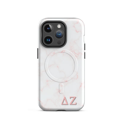 Delta Zeta iPhone 14 Pro case with soft pink marble pattern and ΔΖ Greek letters