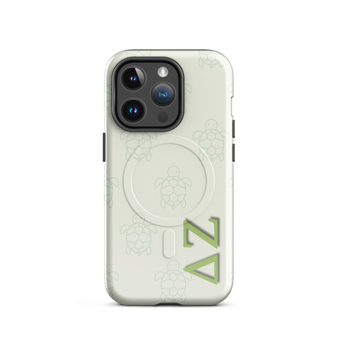 Delta Zeta phone case turtle pattern MagSafe compatible tough cover glossy or matte shown on iPhone 14 Pro