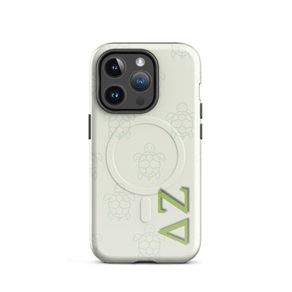Delta Zeta phone case turtle pattern MagSafe compatible tough cover glossy or matte shown on iPhone 14 Pro