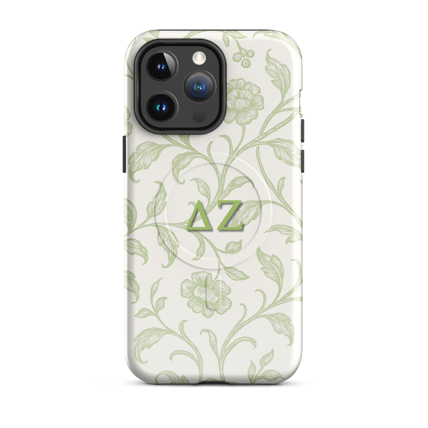 Delta Zeta green floral iPhone 14 Pro Max MagSafe case with ΔΖ letters glossy or matte