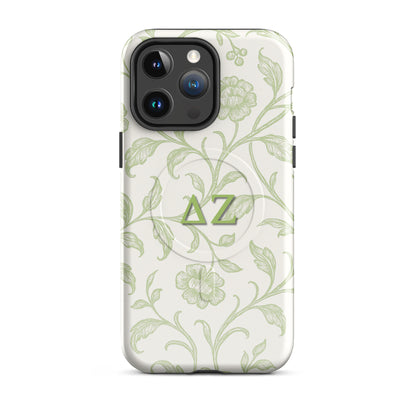 Delta Zeta green floral iPhone 14 Pro Max MagSafe case with ΔΖ letters glossy or matte