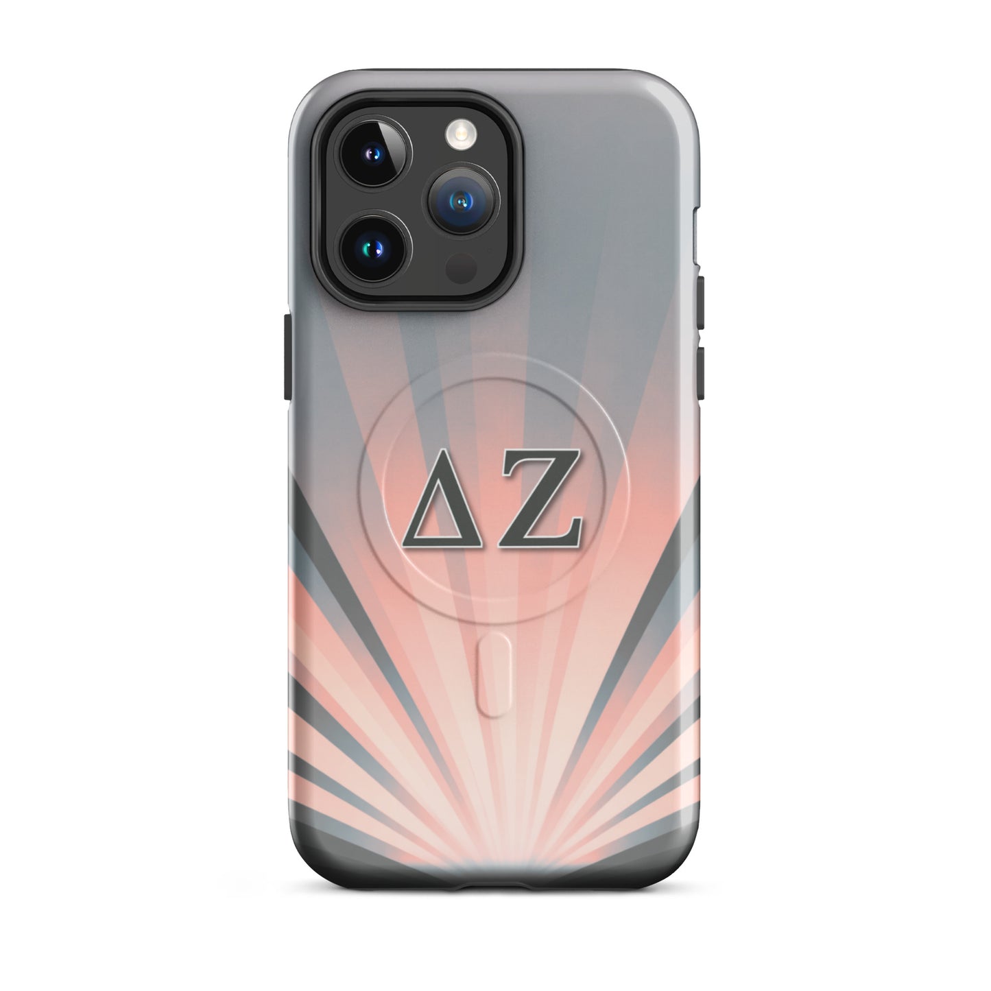 Delta Zeta matte iPhone 14 Pro Max case with soft pink and gray rays and ΔΖ letters MagSafe tough cover