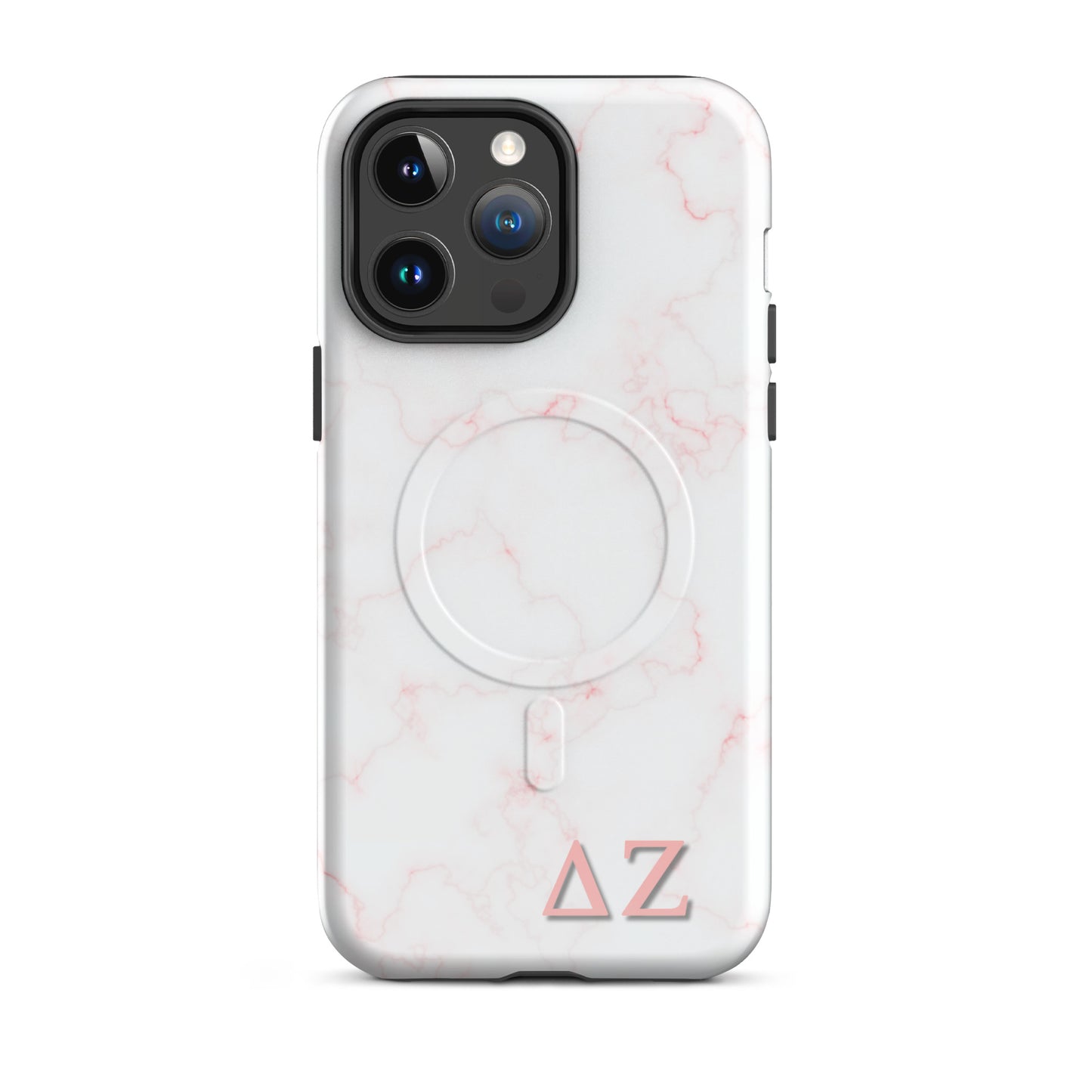 Delta Zeta phone case pink marble design MagSafe compatible tough cover glossy or matte shown on iPhone 14 Pro Max