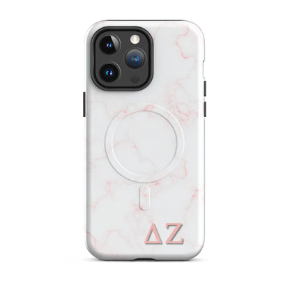 Delta Zeta phone case pink marble design MagSafe compatible tough cover glossy or matte shown on iPhone 14 Pro Max