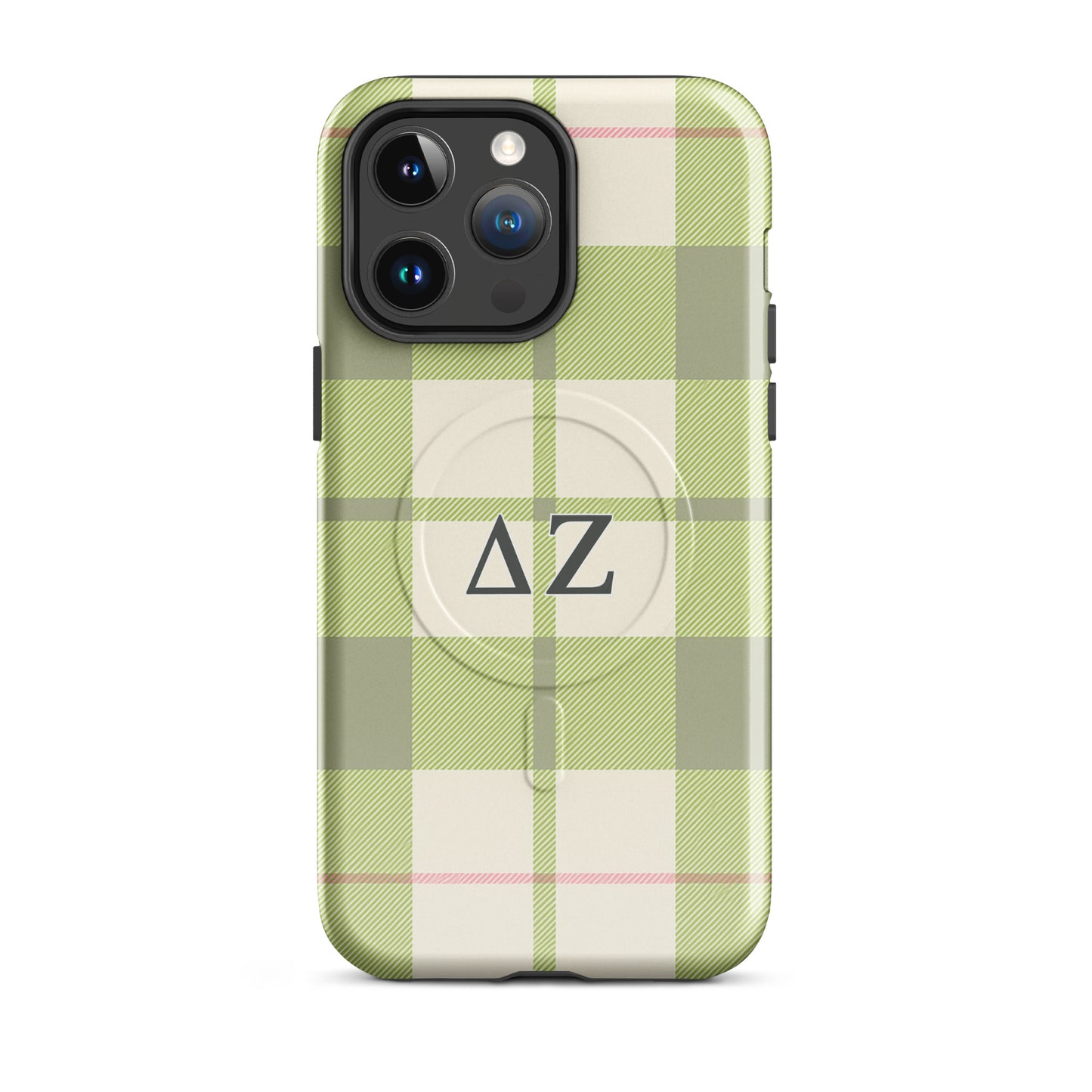 Delta Zeta phone case green plaid design MagSafe compatible tough cover glossy or matte shown on iPhone 14 Pro Max.